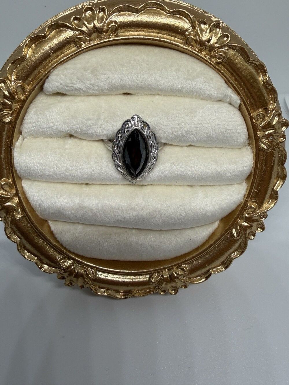Avon Shadowplay hematite Silver Tone Filigree Cocktail Ring Size 6